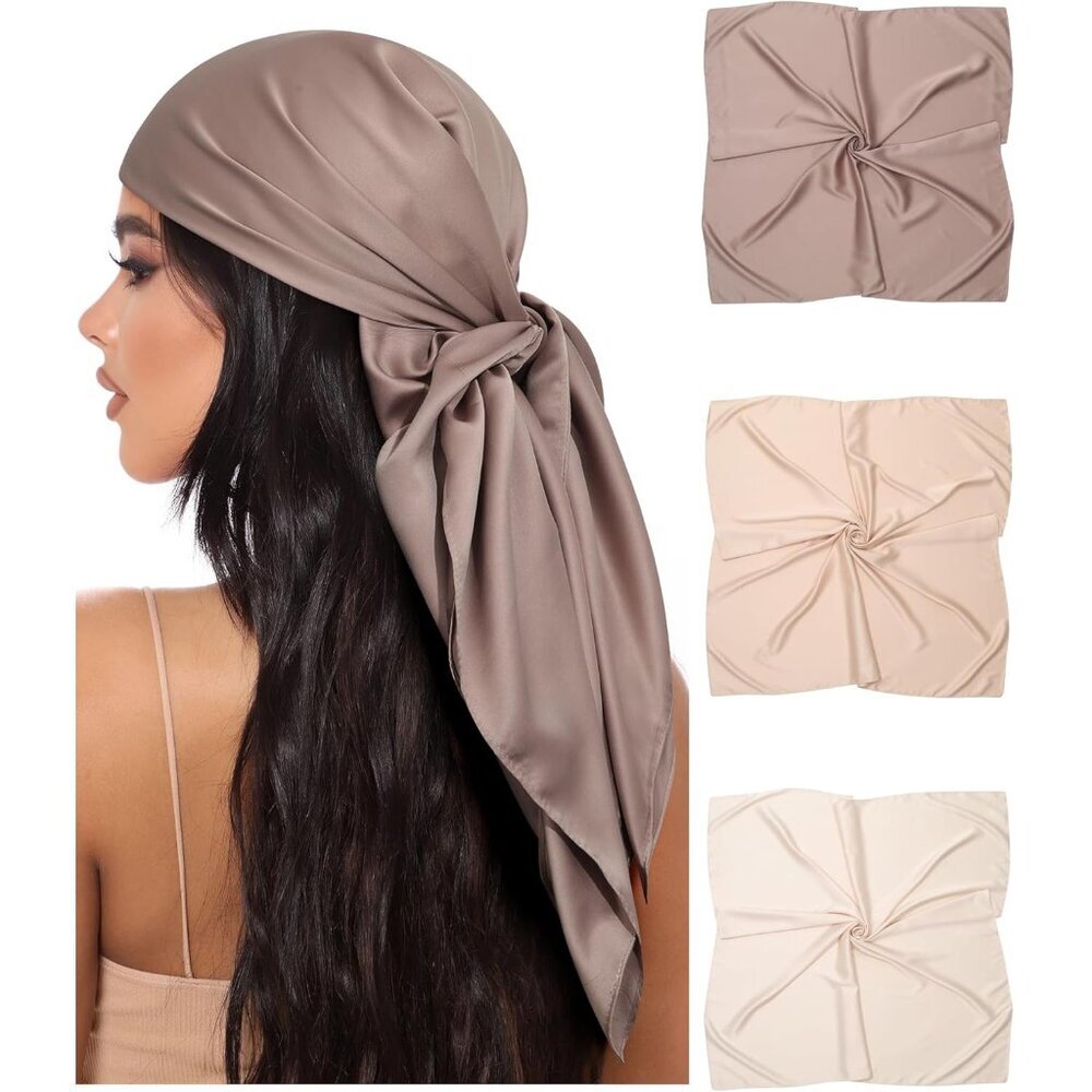 35” Large Square Satin Head Scarf - 3Pcs Satin Hair Scarves Silk Bandana Scarf H